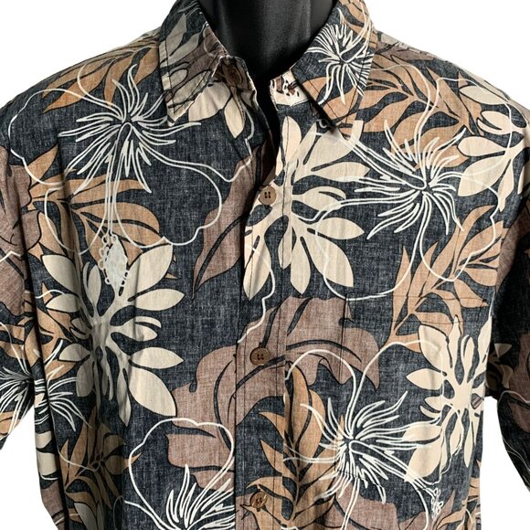 Vintage 90s Bishop St Reverse Print Hawaiian Shirt XL Black Floral Camp Pocket - Picture 2 of 6